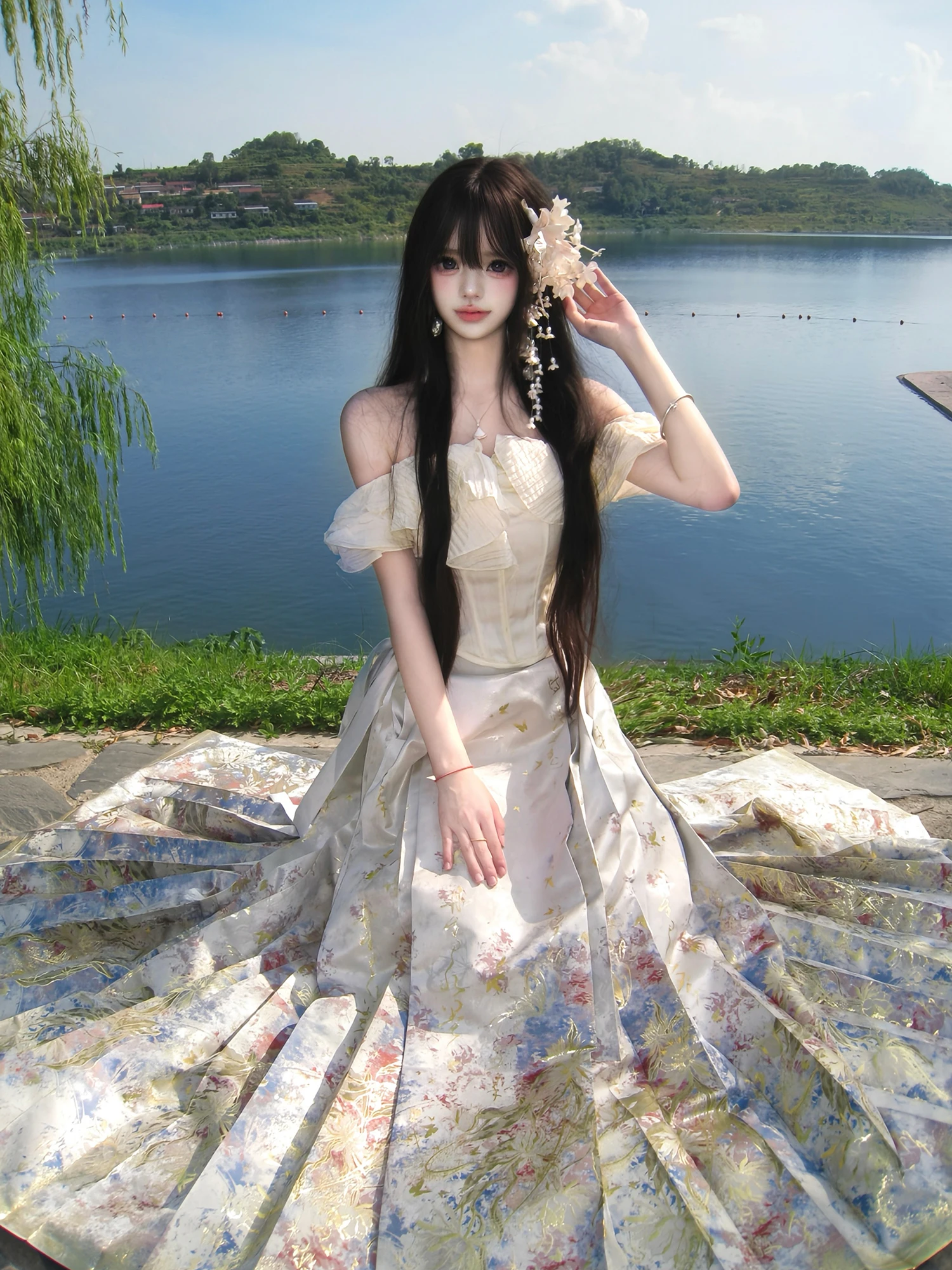 Original Hanfu Semi-skirt Ming Dynasty Woven Gold Imitation Flower Ma Face Long Skirt High Waist A-Line Polyester Fiber
