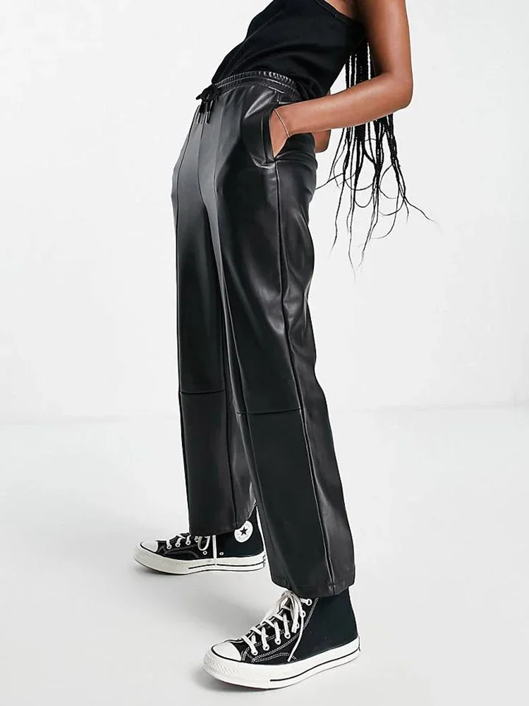 Women High Waist Faux Leather Straight Ankle-Length Pants Ladies Elastic Drawstring Loose Trousers Wide Leg Casual Pants Custom