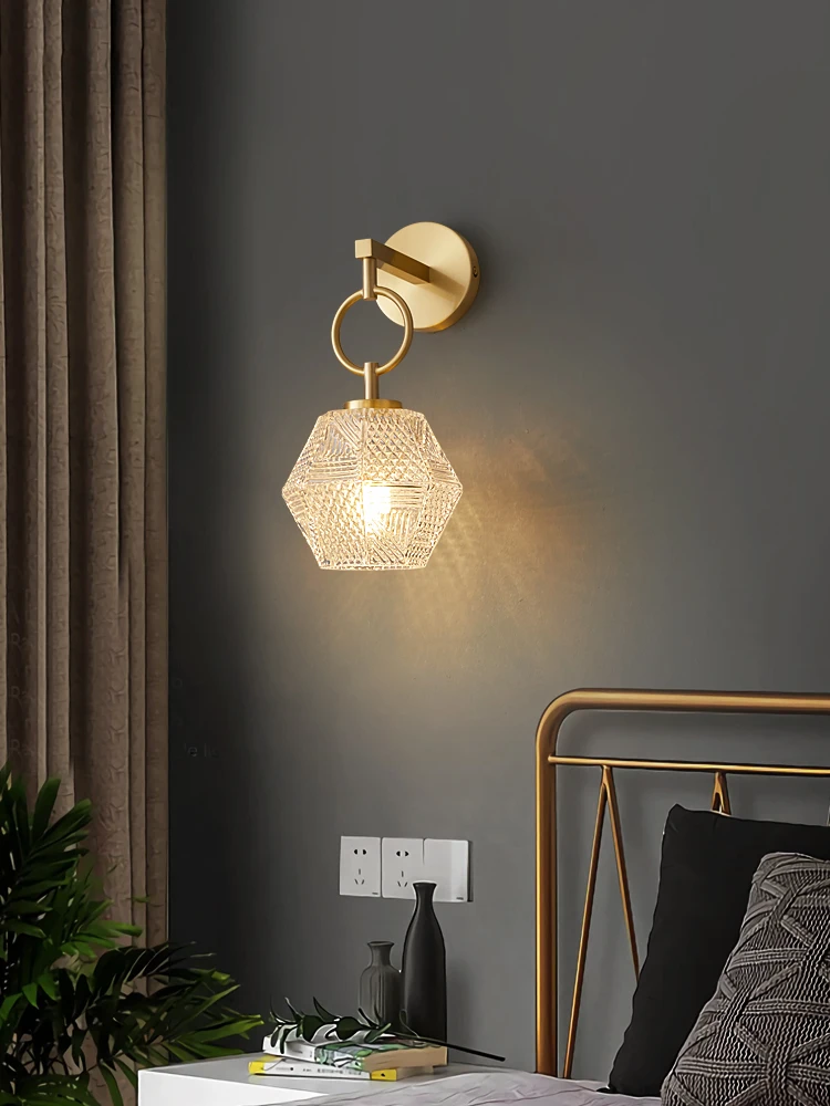 Light Luxury All Copper Glass Wall Lamp Modern and Simple Living Room Hotel Bedroom Bedside Hallway Staircase Hallway Wall Lamp