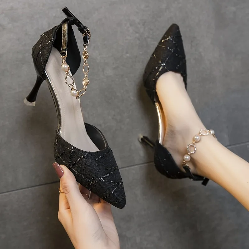 รองเท้าแตะผู้หญิงหัวแหลมระบายอากาศได้ประดับด้วยเลื่อมรองเท้าผูกเชือกรองเท้าส้นสูงหัวเข็มขัดหัวเข็มขัดรองเท้า zapatos Para mugeres