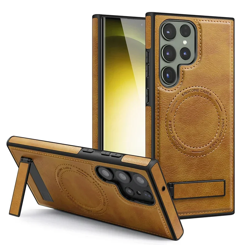 Luxury Leather Phone Magsafe Case For Samsung Galaxy S25 S24 Ultra S22 S23 Magnetic Wireless Back Cover Kickstand Holder Stand