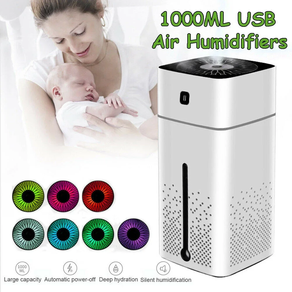 1L Ultrasonic Humidifier Portable Air Mist Sprayer Diffuser with Mute Night Light Large Cool Mist for Car Home USB