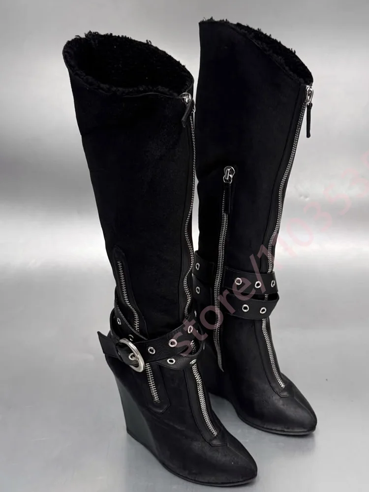 Women Gothic Punk Knee High Wedge Boots Pointed Toe Multiple Metal Zippers Buckle Straps Winter Fashion Boot for Nightclub Party