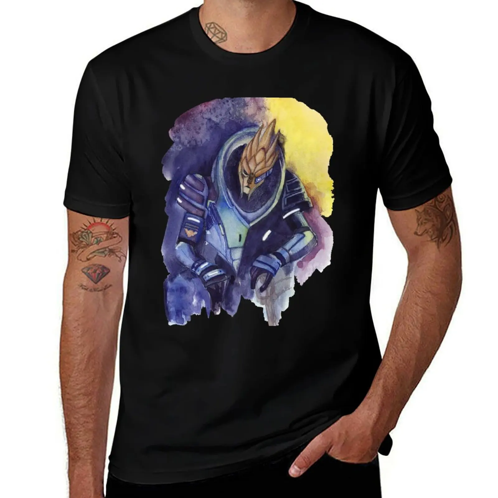 Mass Effect Archangel Garrus Vakarian Watercolor T-Shirt Casual Light Summer Short Sleeve Top T-Shirt