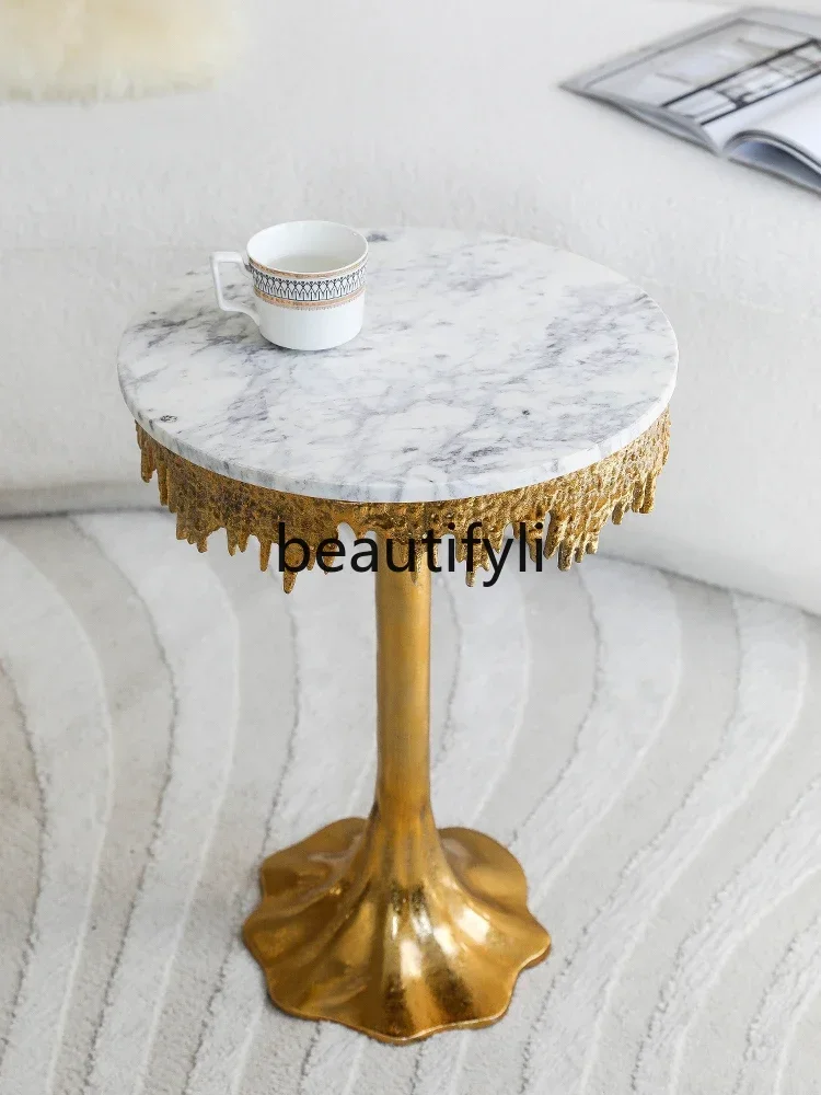 India imported retro light luxury marble rock slab coffee table European court sofa metal edge table