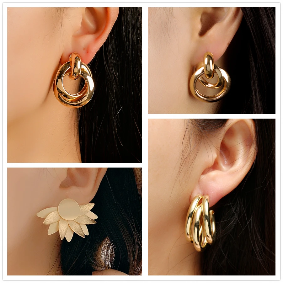 Exaggerated Heavy Metal Earrings for Women Maxi Punk Gold Color Round Earrings Three Circles Twist Knot Earrings Rock Jewelry