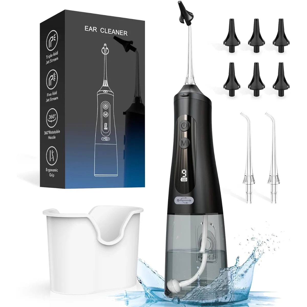 Ear Wax Removal Tool, Water Powered Ear Cleaner, 6 Reusable 3 & 5 Hole Tips, Ear Cleaning Kit Safe and Clean Build-up Earwax