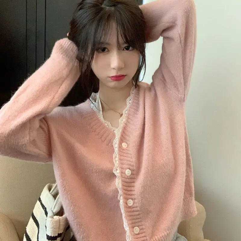 Cardigans Women Crop Sweet College Lace V-neck Aesthetic Kawaii Sweater Autumn Chic Girlish Elegant All-match Stylish Ulzzang