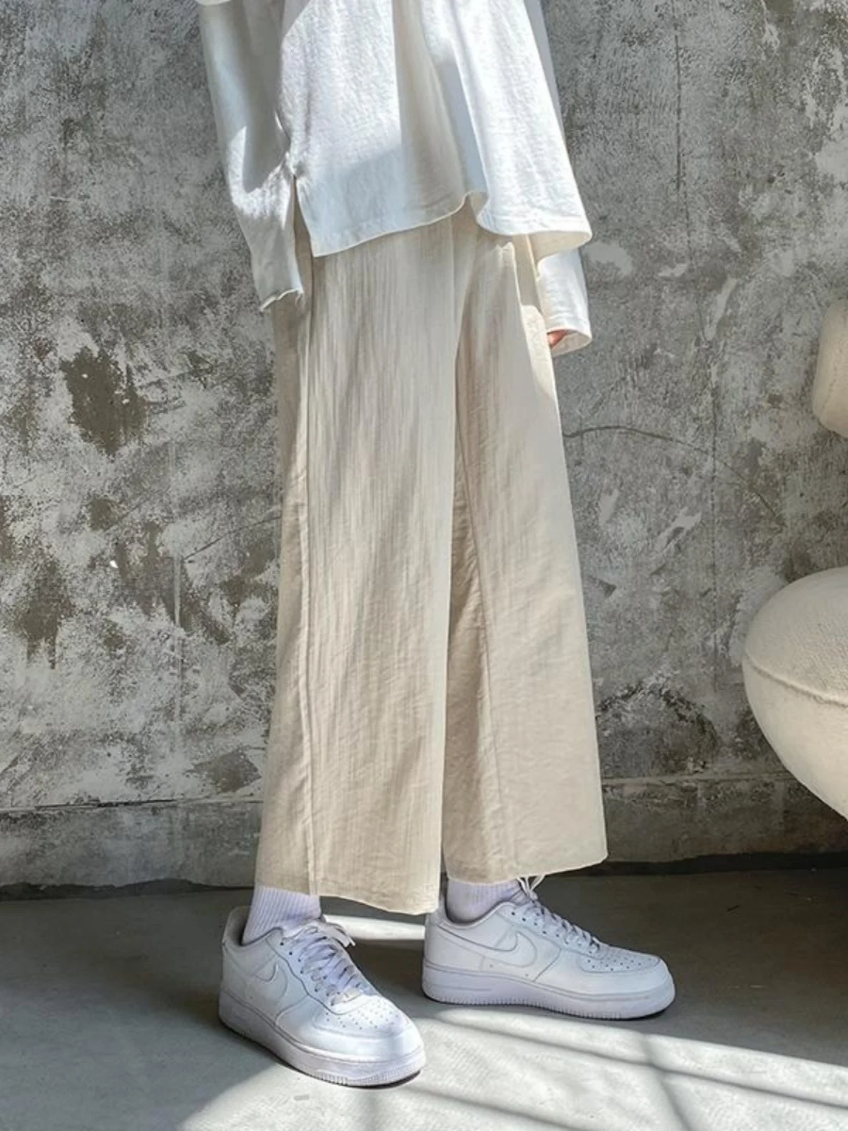 

Мужские летние тонкие льняные хлопковые льняные брюки цвета хаки, прямые широкие брюки с девятью зубцами, повседневные дышащие брюки с высокой талией