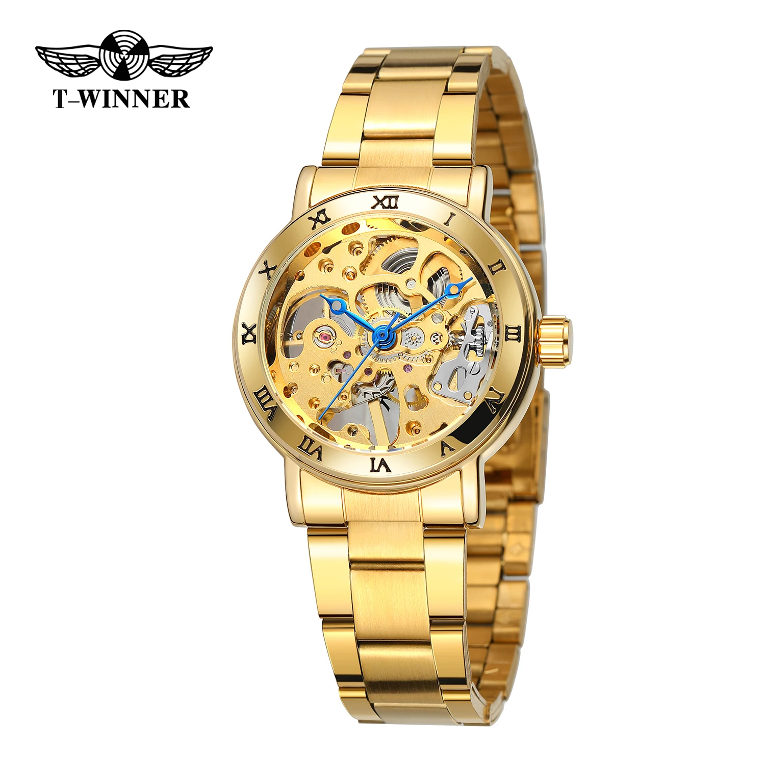 T-WINNER Jam Tangan Mekanis Kerangka Wanita Bermerek Mewah Jam Tangan Bezel Angka Romawi Jam Wanita Modis Baja Tahan Karat