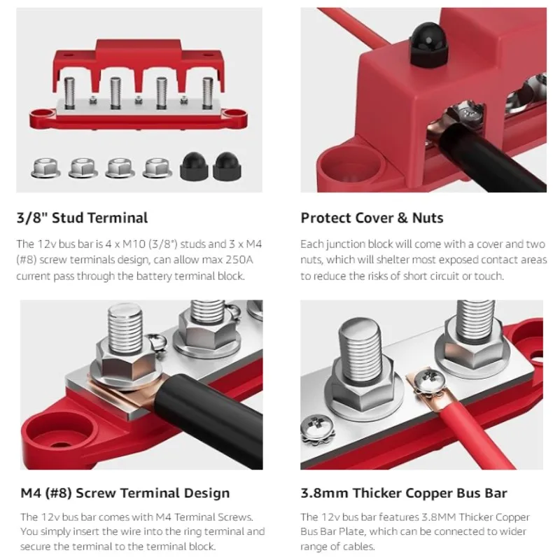 4 Studs 3 way Junction Block 250A 12 48V Bus Bar 3/8\
