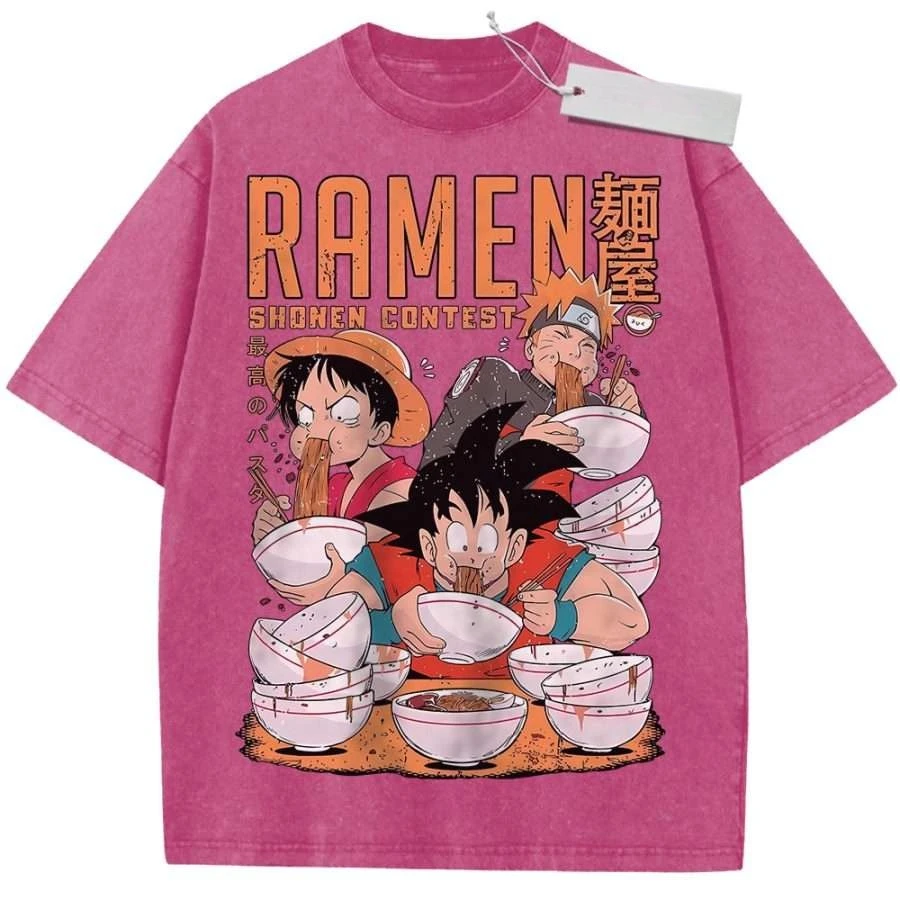 T-shirt de sport à manches courtes, rose rouge, unisexe, pur coton, effet vintage, imprimé Dragon Ball One Piece Goku Luffy