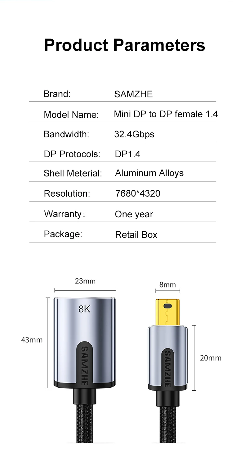 SAMZHE Mini DP zu DP Buchsenkonverter Mini Displayport zu DP Kabel 8K TV-Projektor für Apple MacBook Pro – Detail 10