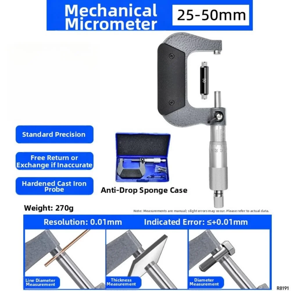 Mechanical Micrometer 0-100mm Range 0.01mm Graduation with Ratchet Stop for Thickness Diameter and Length Applications