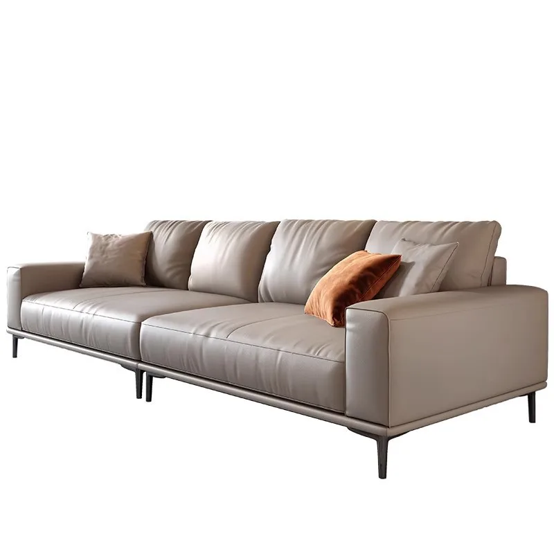 Leather sofa first layer cowhide Italian minimalist living room modern light luxury straight row cream wind tofu sofa