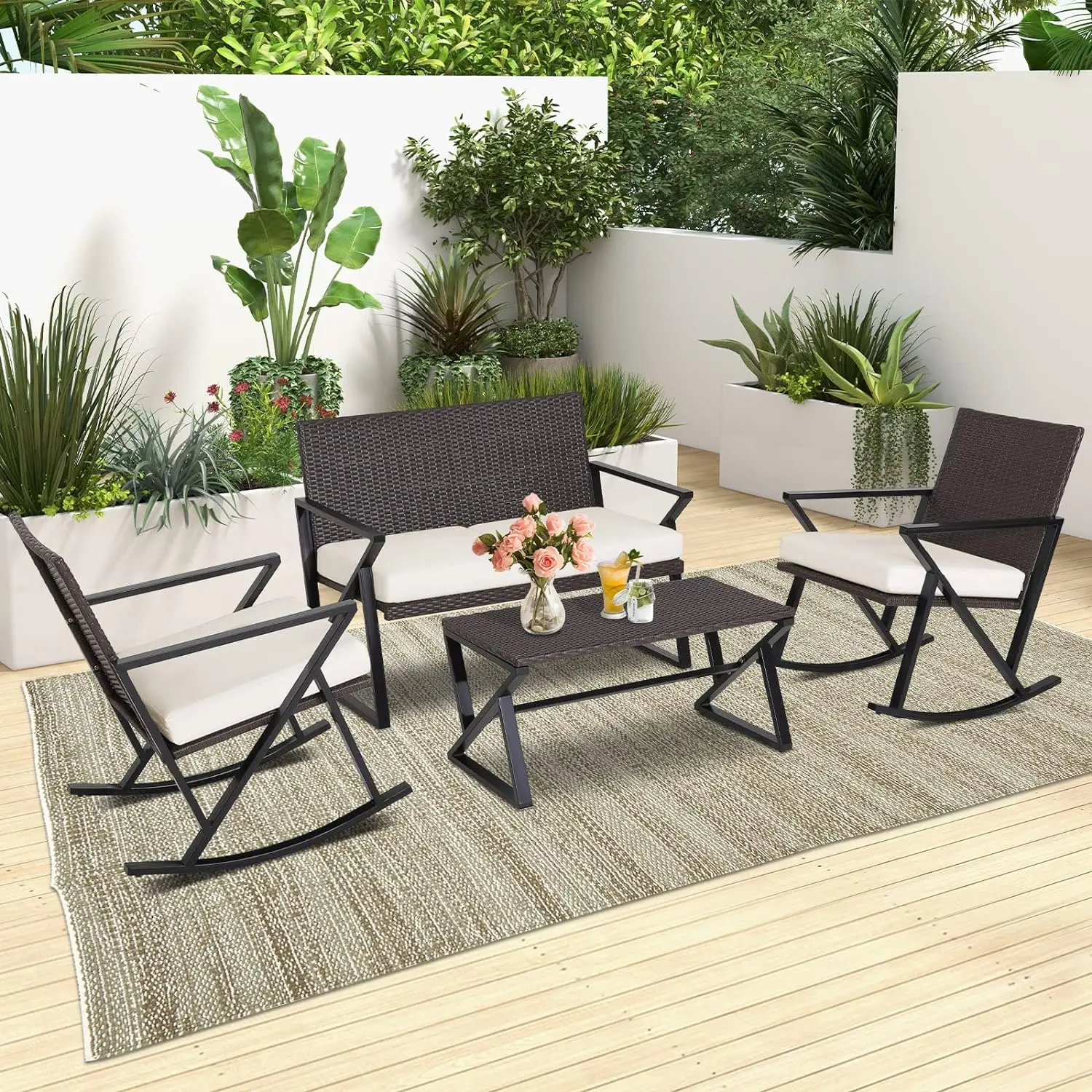 4 Piece Patio Rocking Furniture Set, Heavy Duty PE Wicker Loveseat with 2 Rocking Chairs & 1 Coffee Table, Outdoor Rattan Set