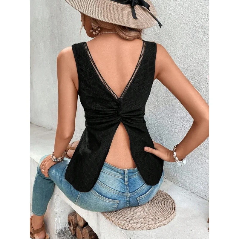 White Twist Back Top Women, Casual Eyelet Embroidery V-Back Sleeveless Blouse, Hollow Out Twist Knot