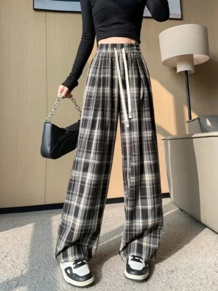 

Женские брюки в британском стиле, клетчатые, повседневные, полной длины, базовые, спортивные, модные, на шнурке, новые, с высокой талией, весна-лето, прямые, винтажные