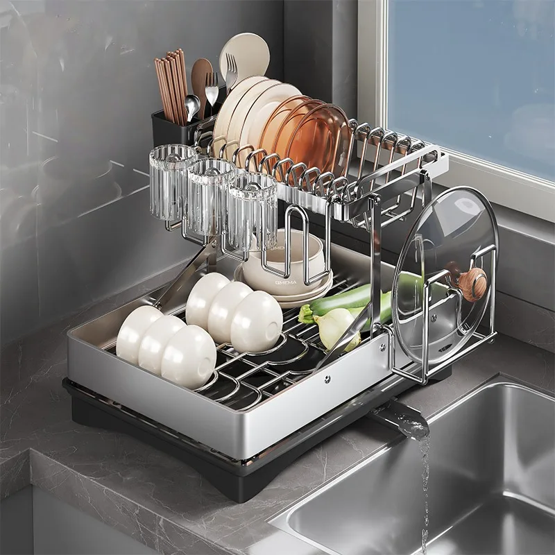 

Steel Special Adjustable Metal Dish Drainer Rack Double-Tiered Household Countertop Sink Dish Storage & Drying Rack