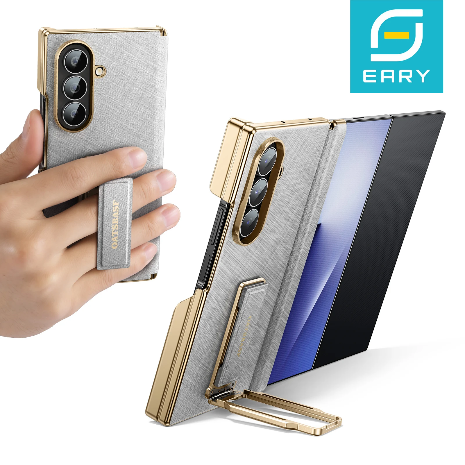 

Eary Leather Phone Case for Samsung Galaxy Z TriFold with Grip Stand 360°Rotate for TriFold Metal Shells Protective Cover Bumper