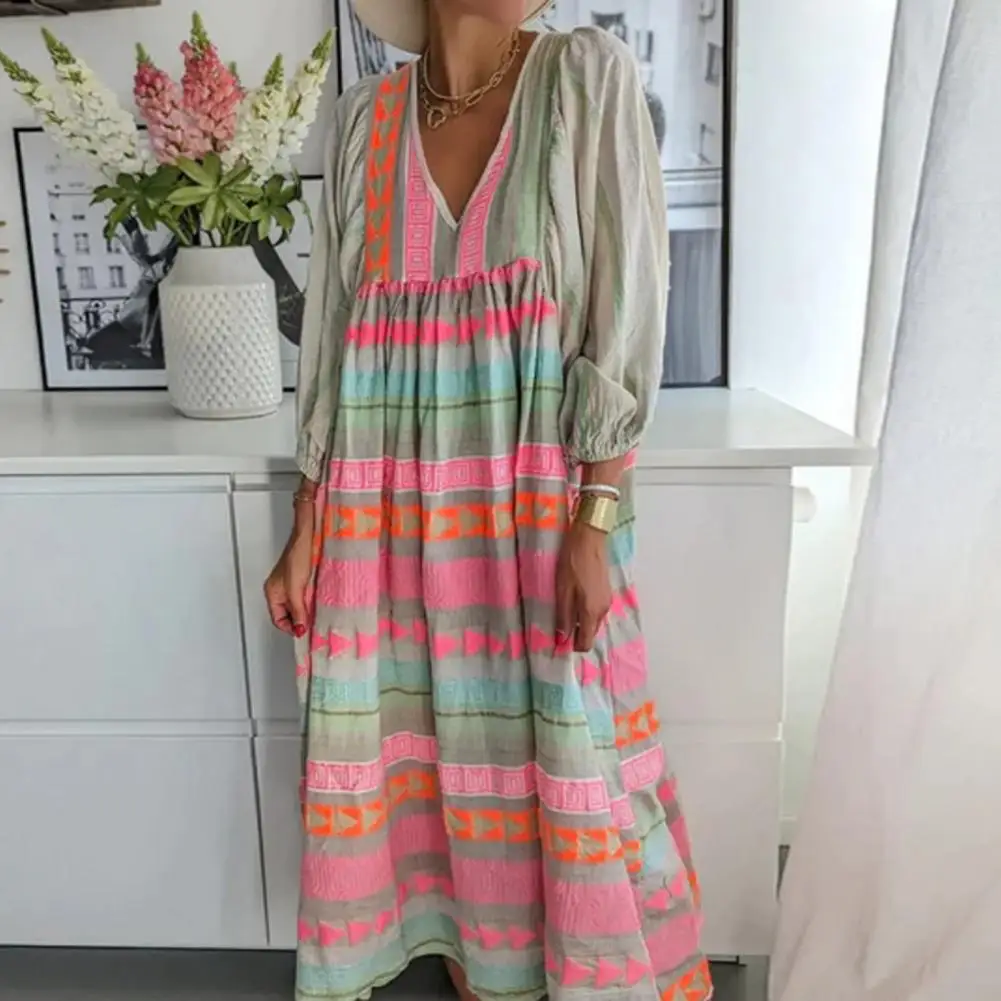 

Women Spring Dress Bohemian Casual Color Matching V-neck Loose Dress-up Geometric Print Lantern Sleeves Lady Maxi Dress