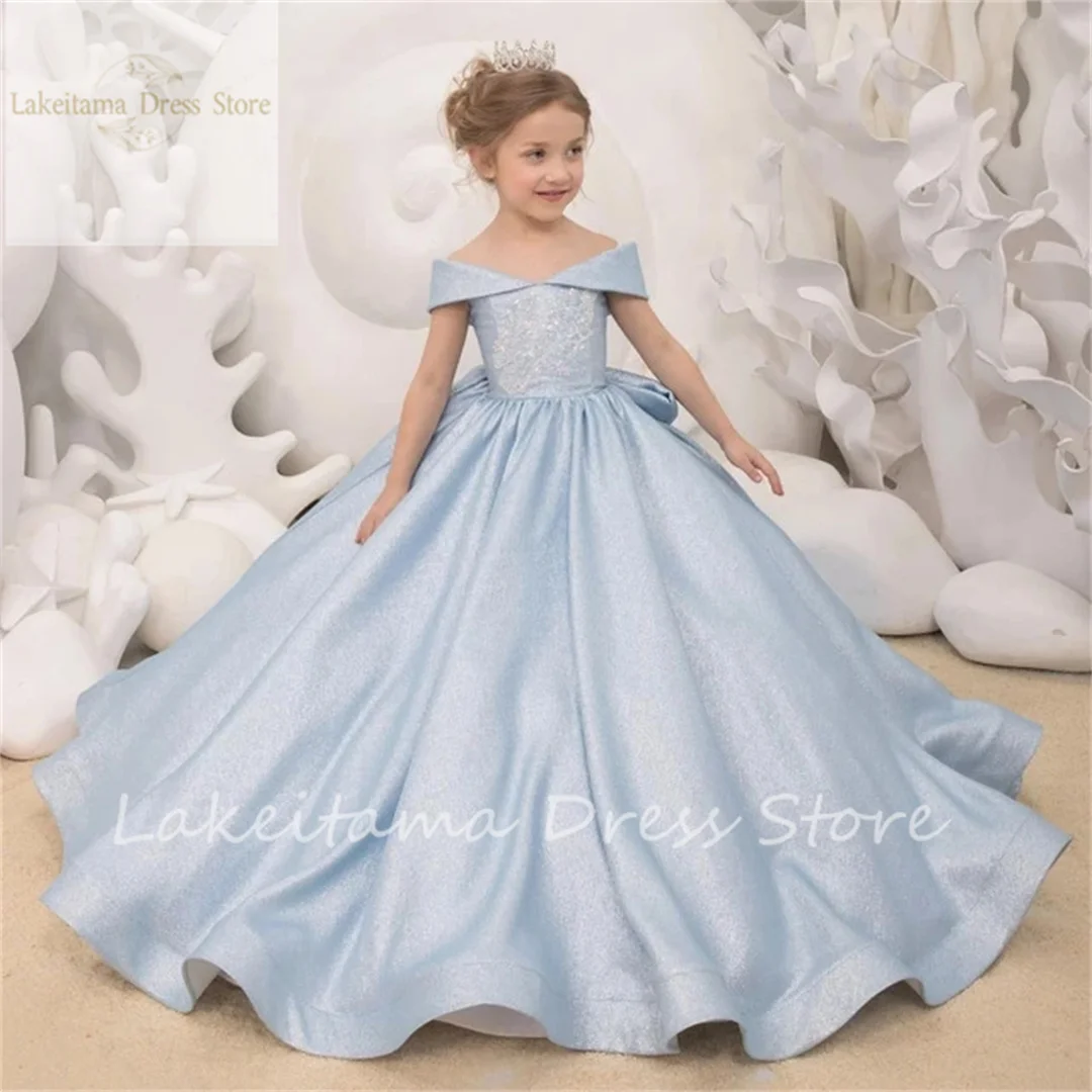 Flower Girl Dresses Sky Blue Satin With Big Bow Off Shoulder Long Skirt For Wedding Birthday Banquet Princess Gowns