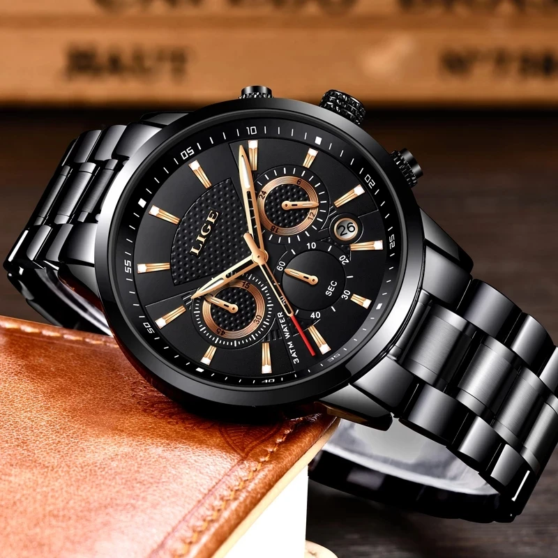 LIGE นาฬิกาผู้ชายกีฬาควอตซ์ Chronograph สแตนเลสสตีลนาฬิกาข้อมือนาฬิกาวันที่ส่องสว่างนาฬิกาข้อมือส...