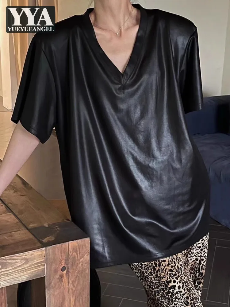 

Summer Street Style Women Loose Fit T-Shirt Short Sleeve Tops Pullover V-Neck Shoulder Padded Long Tees Hot Sale Casual T-Shirts