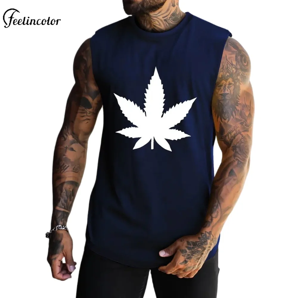 

Summer Ultra-light Ice Silk Top Alphabet Leaf Print Men's Vest Round Neck Sleeveless T-shirt Running Sports Casual Male Clothing