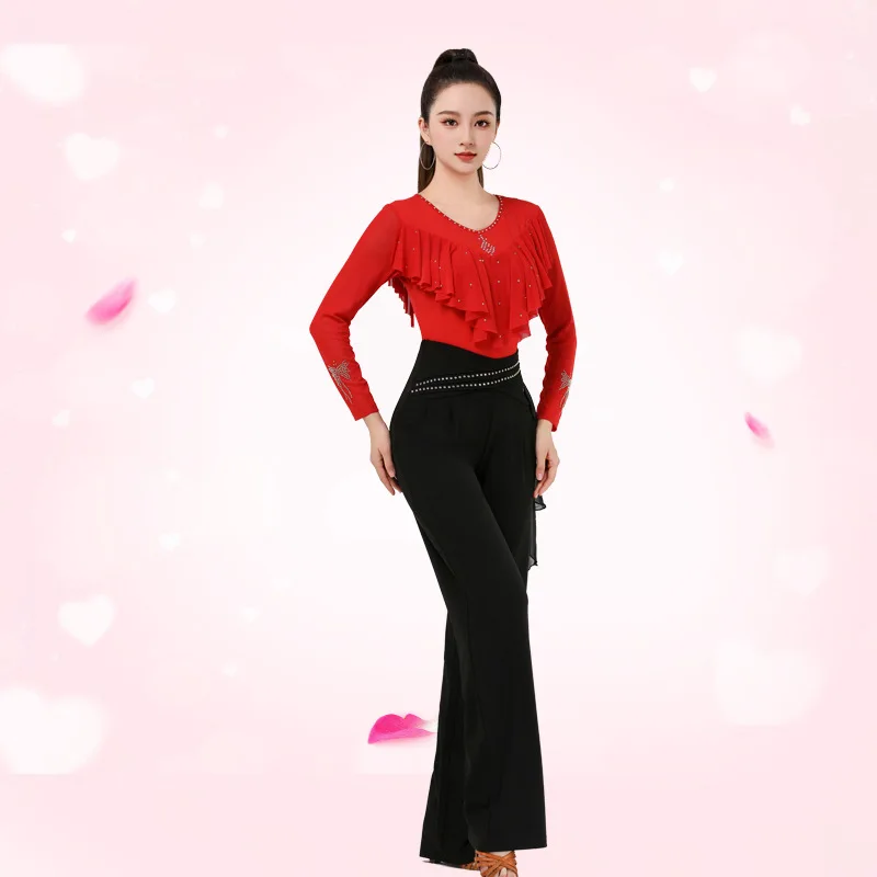 Ropa de baile latino para mujer, Top con volantes, Tops de salón estándar con diamantes de imitación de Samba, traje de baile de línea latina de alta calidad, nuevos productos