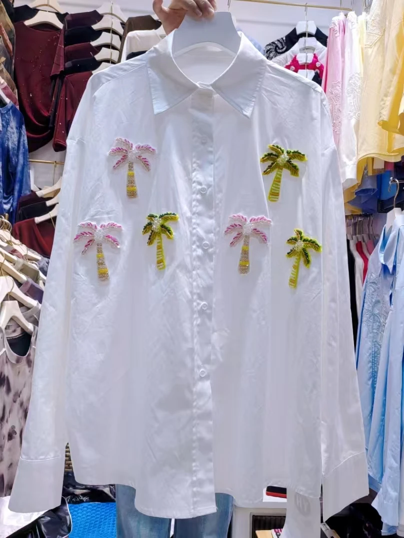 

New Beading Flowers Stitch Cotton Shirts Blouses for Women's Long Sleeve Loose Casual Tops Woman Clothes Korean Popular Clothes