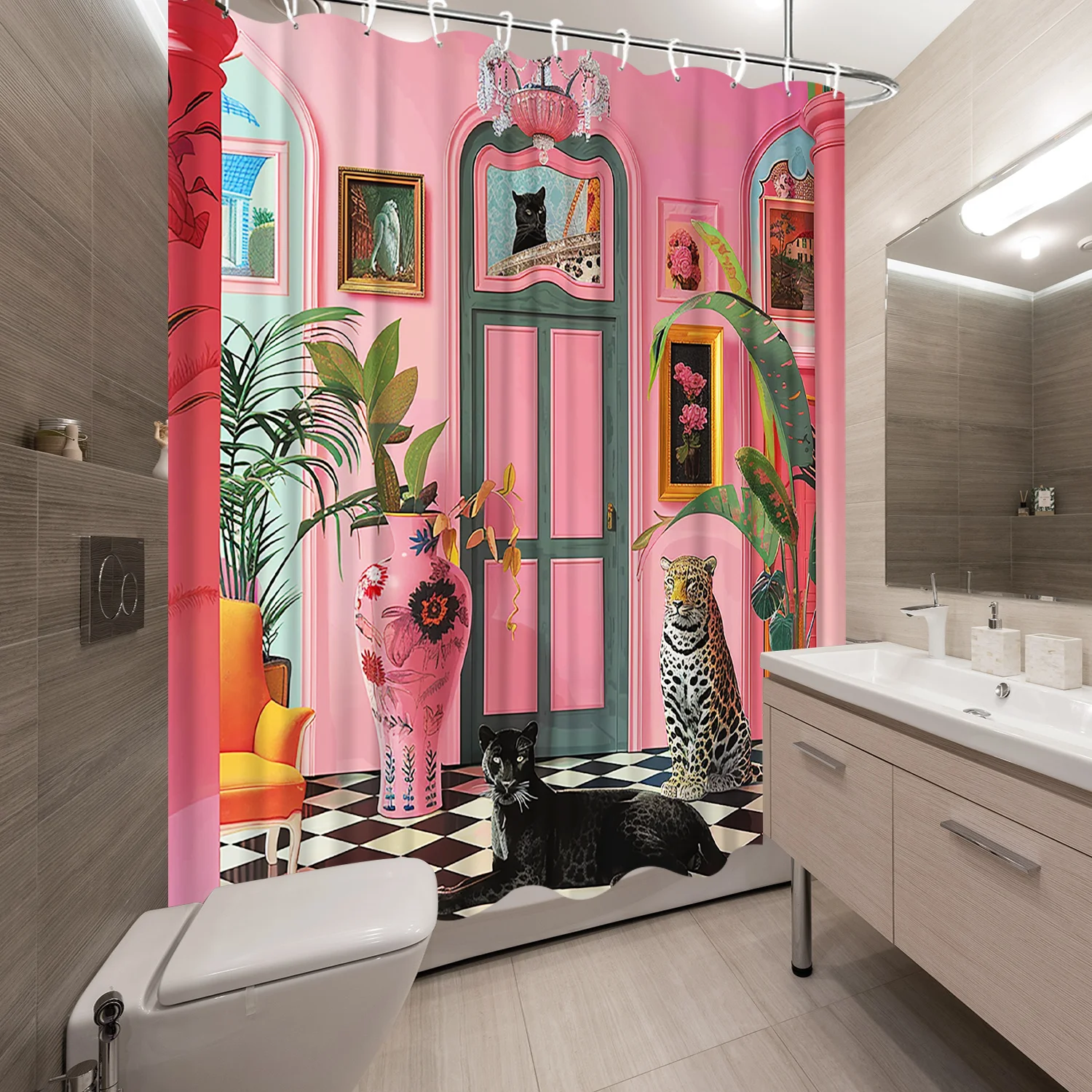 

1 piece surreal leopard shower curtain - bright pink interior, exotic flowers, checkered floor design, decorative shower curtain