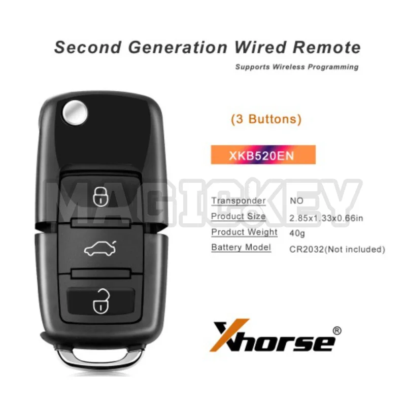 Xhorse XKB520EN 2nd Generation Wire Remote Key V2 VW B5 Flip 3 Buttons Wireless Programming English