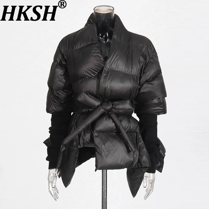 

HKSH 2023, новое зимнее женское пальто с хлопковой подкладкой, пояс, лоскутное вязаное пальто с поясом и манжетами, элитная элегантная шикарная куртка HK14617