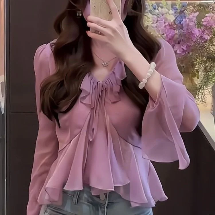 

Ele Розово-фиолетовая кружевная блузка с воланами Sve Long Sve V-Ne Slim Fit Commute Sle Уникальный красивый маленький топ