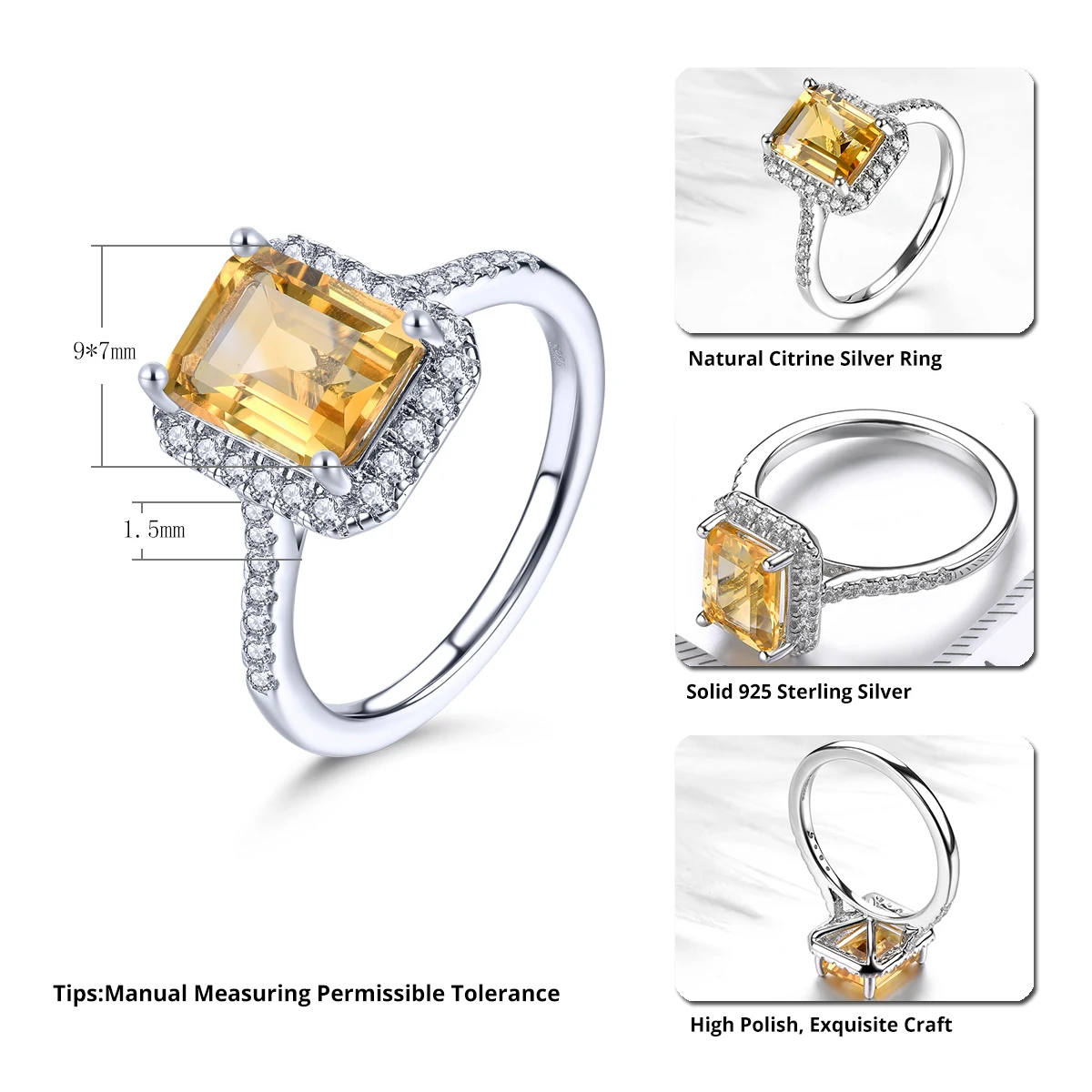 Stock Clearance Natural Citrine 925 Sterling Silver Ring Classic Style Fine Jewelry for Party Jewelry