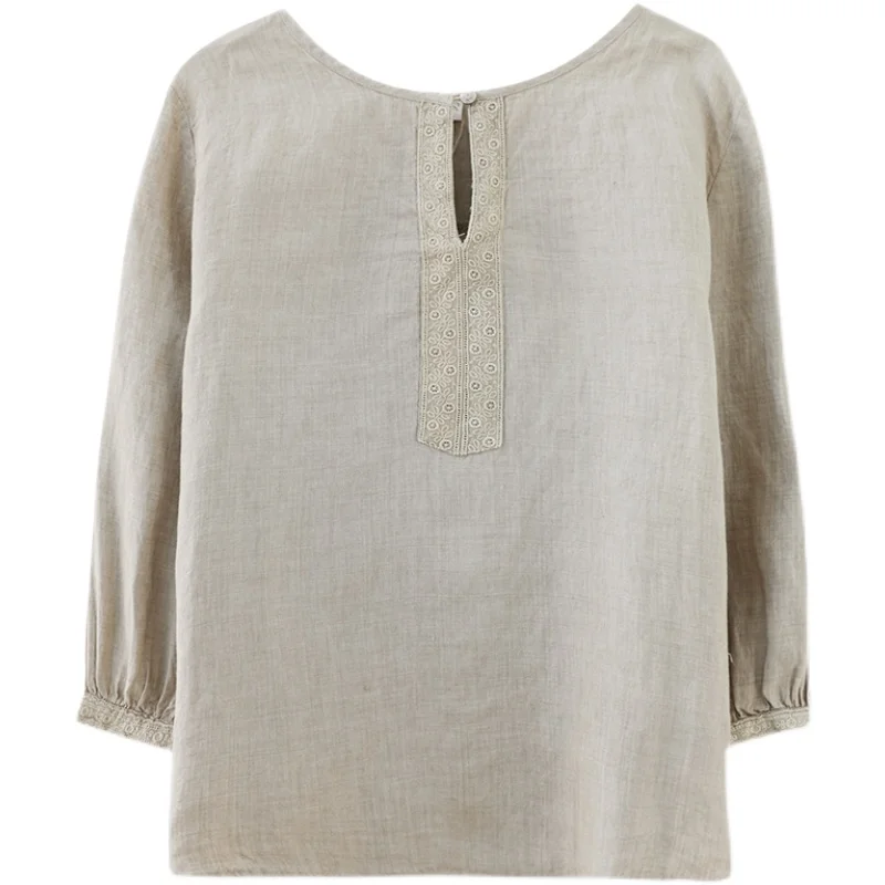 Large Size Women's Cotton Linen Embroidered irt round Ne Button Asymmetrical Hemline Seven Sve Summer Top