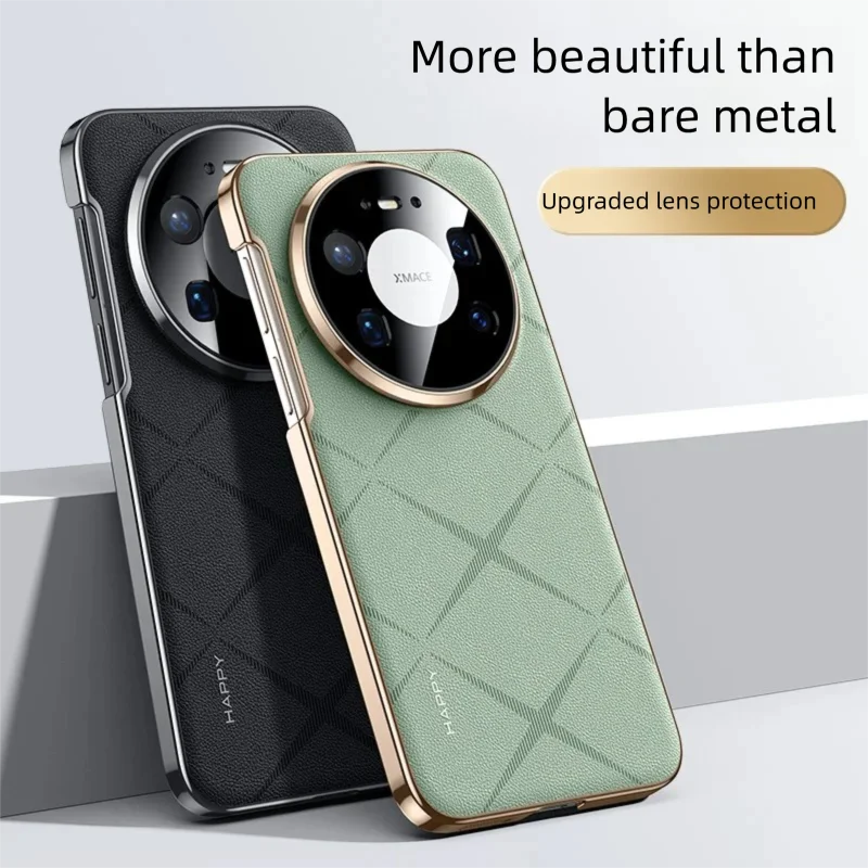 

Original Plain Vegan Leather Case For Huawei Mate 60 RS 70 Pro+ Plus 80 Pro Max Ceramic Plating Frame With Camera Lens Protector