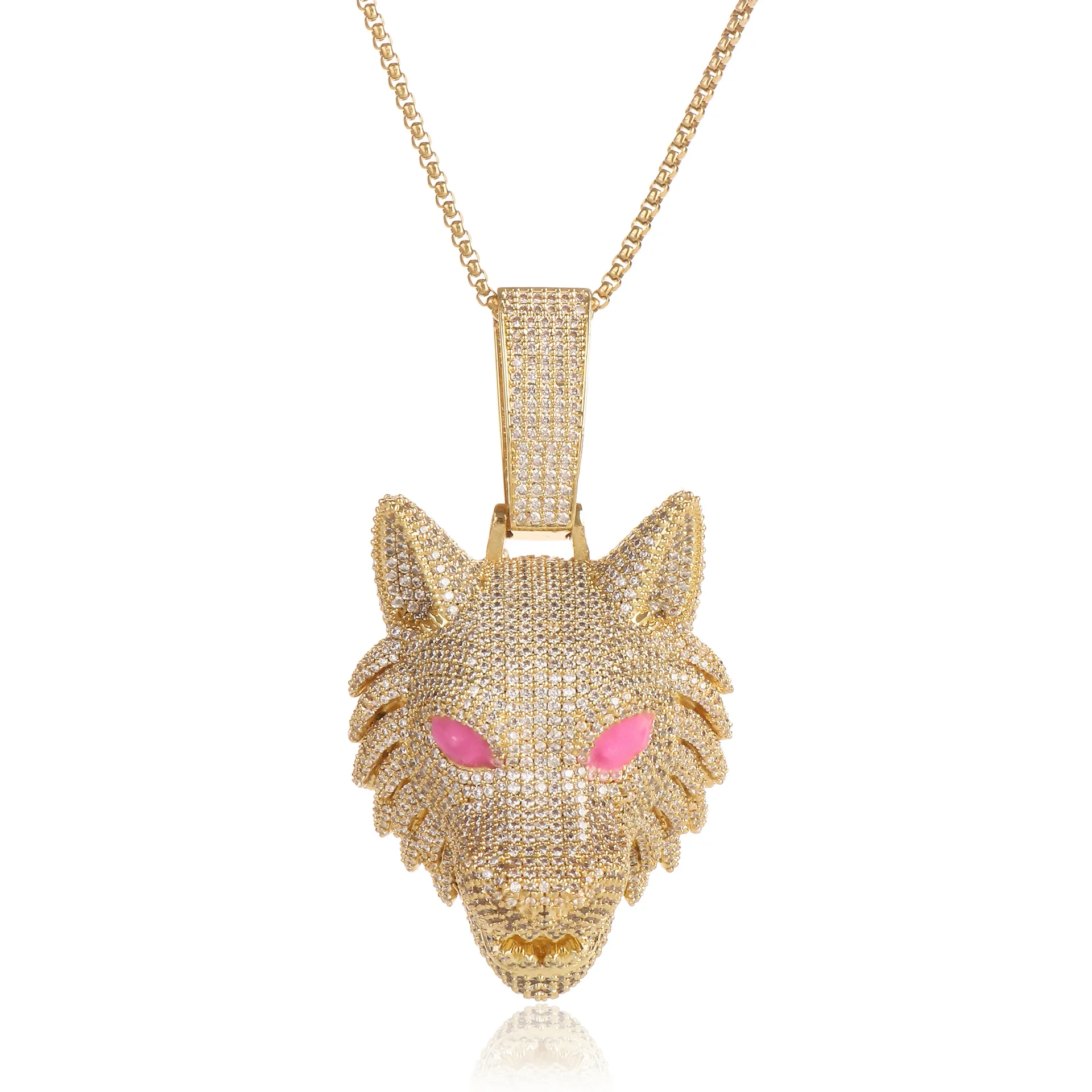 Iced Out Wolf Head Pendant Necklace for Men Silver Tone Pink Eye CZ Stone Hip Hop Animal Statement Jewelry Gift