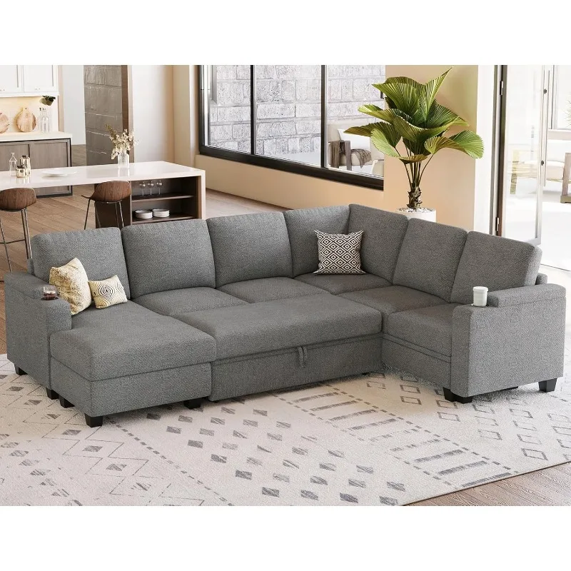 

Sofa Modular Sectional Pull Out Couch Bed U Shaped Sofa Couch for Living Room with Storage Chaise. Light Gery