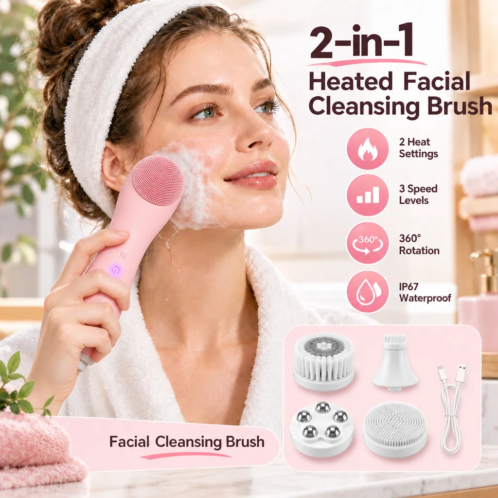 Rotating Facial Cleansing Brush 4 Heads 2 Heat Modes 3 Speeds Electric Face Scrubber IP67 Waterproof Skin Care Tool For Women