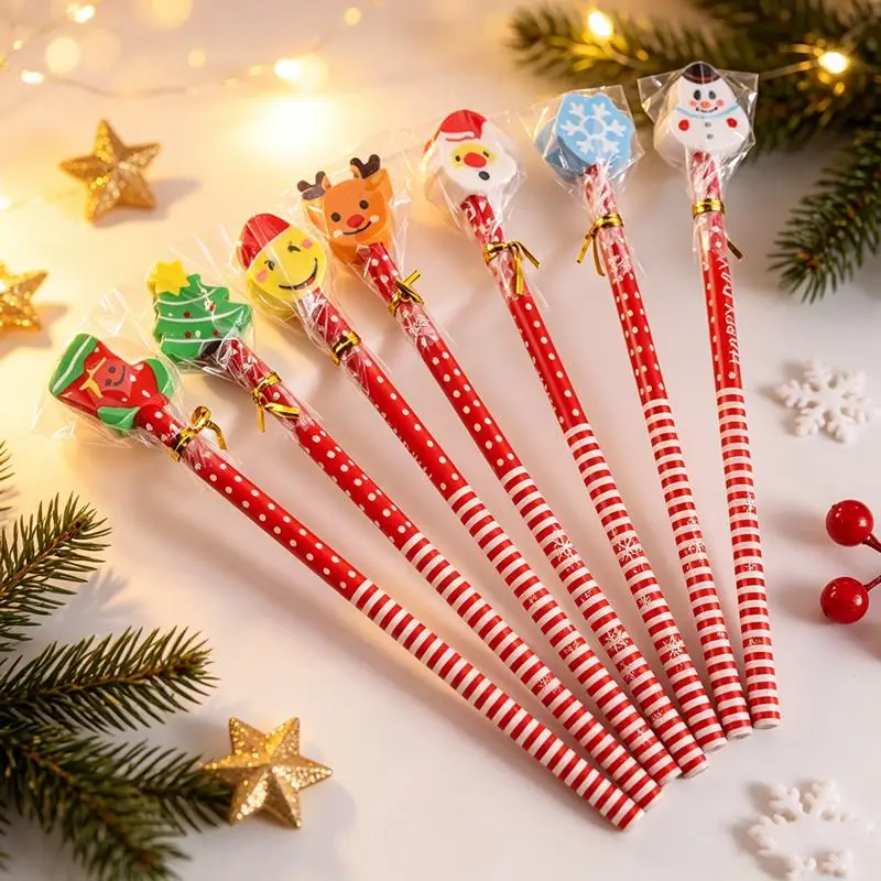 10/20 Stück Weihnachtsstifte mit Radiergummi-Aufsätzen, Weihnachts-Holzstifte, Schneemann, Weihnachtsmann, Rentier, Baum, Weihnachtsparty-Geschenke, Geschenkbeutelfüller