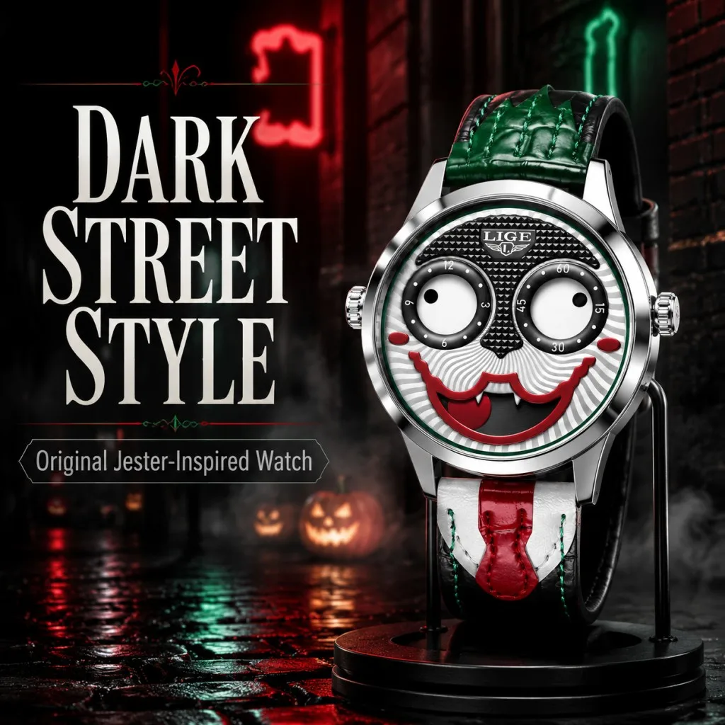 Men's Watches LIGE Creative Joker Watch Men Clown Fashion Leather Strap Waterproof Quartz Wristwatches Moon Phase Clock+BOX