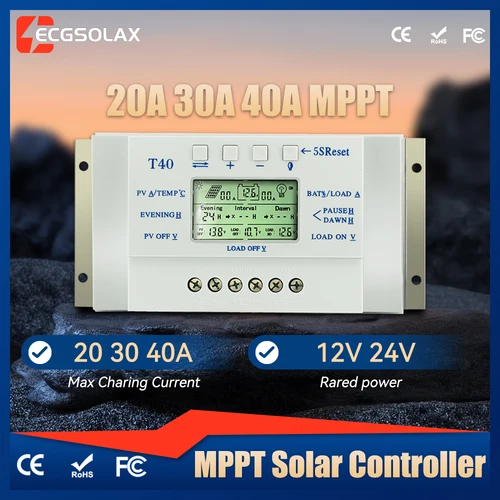 ECGSOLAX-controlador de carga Solar MPPT, regulador PV con pantalla LCD automática, Control de temporizador Dual para sistema de iluminación Solar, 40A, 20a, 12V, 24V,regulador carga solar 12v,controlador carga solar