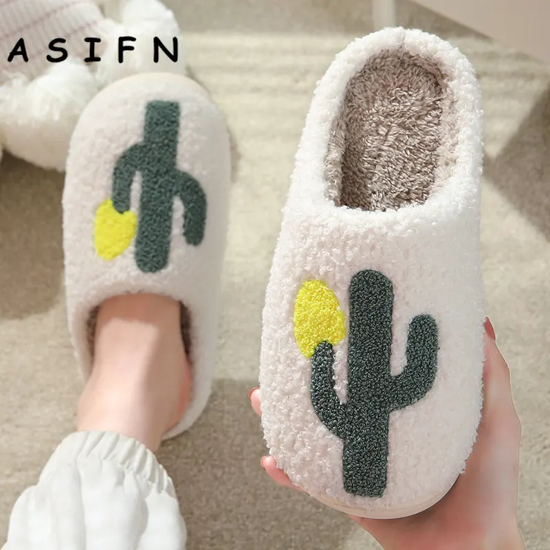 Thick-Soled Cotton Slippers for Men and Women, Non-slip Shoes, Comfortable, Home, Cactus, Warm, Couple, Winter, New Style