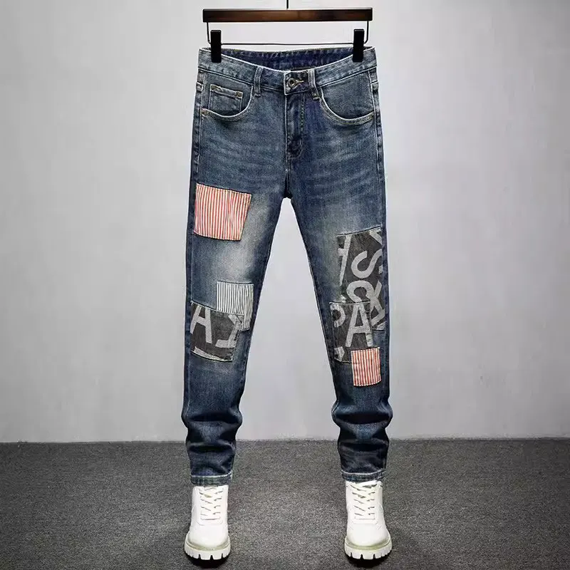 Street Fashion Men's Jeans Retro Elastic Slim Fit Split Jeans Men's Panel Designer Hip Hop Jeans Washed Blue High Quality Pants