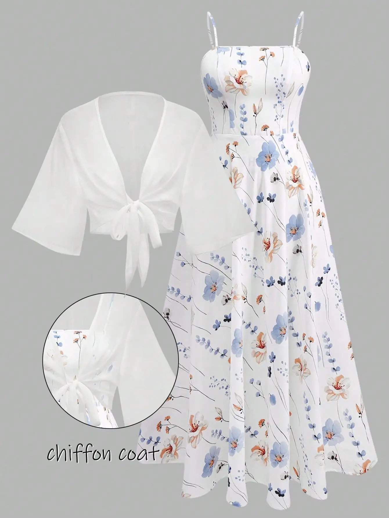 

Летний комплект из шифонового платья с цветочным принтом и жакета для женщин больших размеров, элегантный костюм из двух предметов