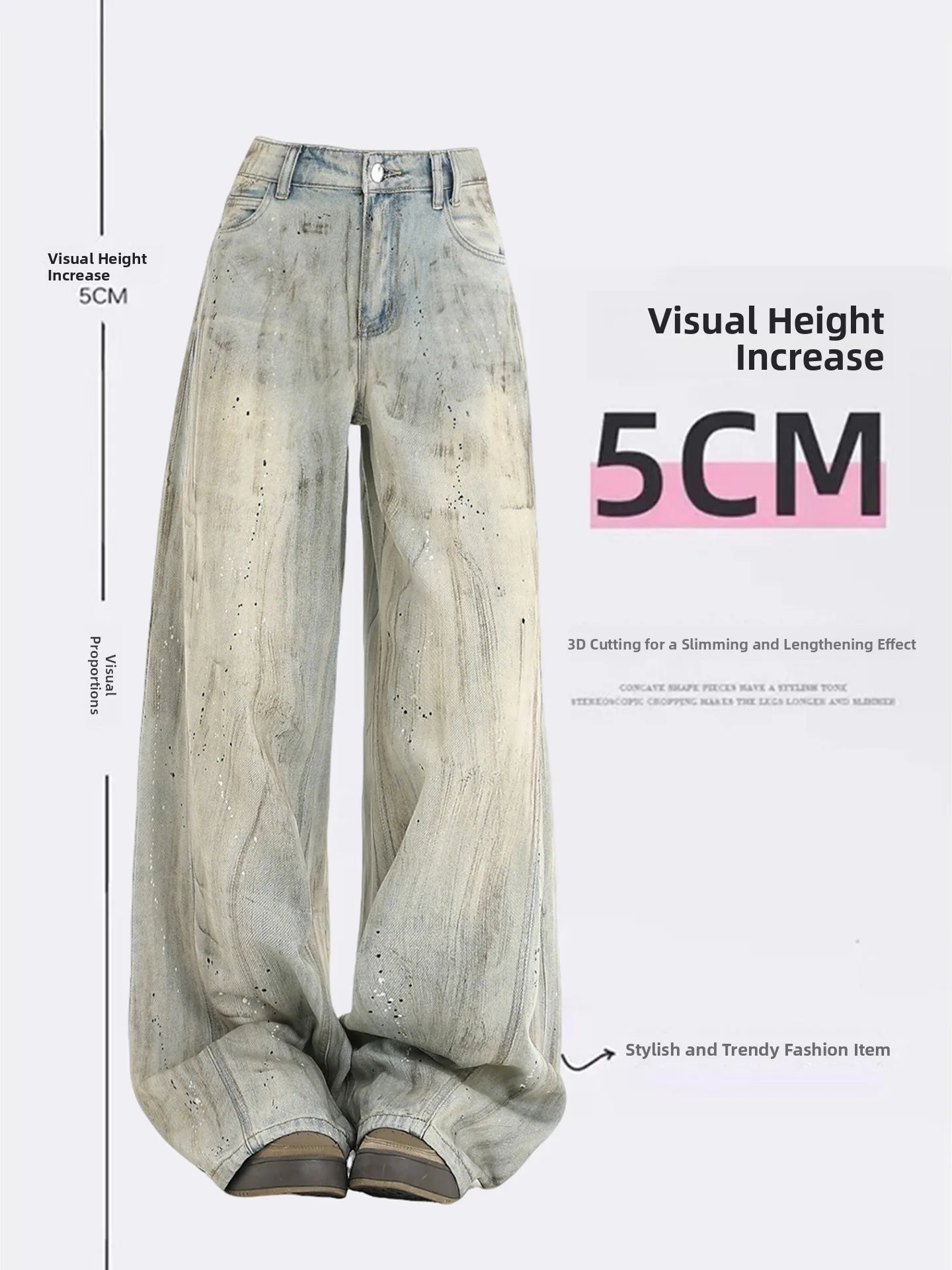 American High Street Splashed Graffiti Wide Leg Jeans Women's New Large Size Fat MM Loose Slimming Versatile Dirty Long Pants