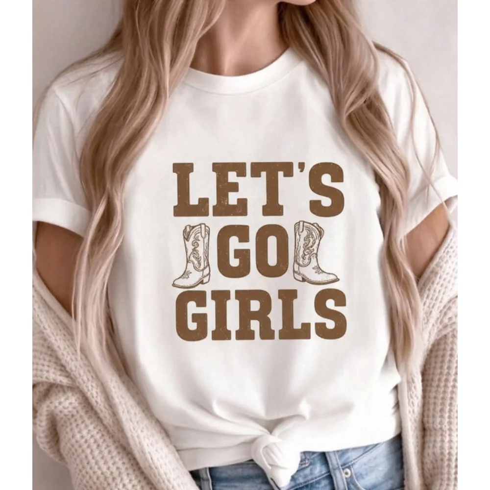 Women’s Western Cowboy Boots T-Shirt LET’S GO GIRLS Brown Graphic Tee Retro Country Music Casual Short Sleeve Crew Neck Top