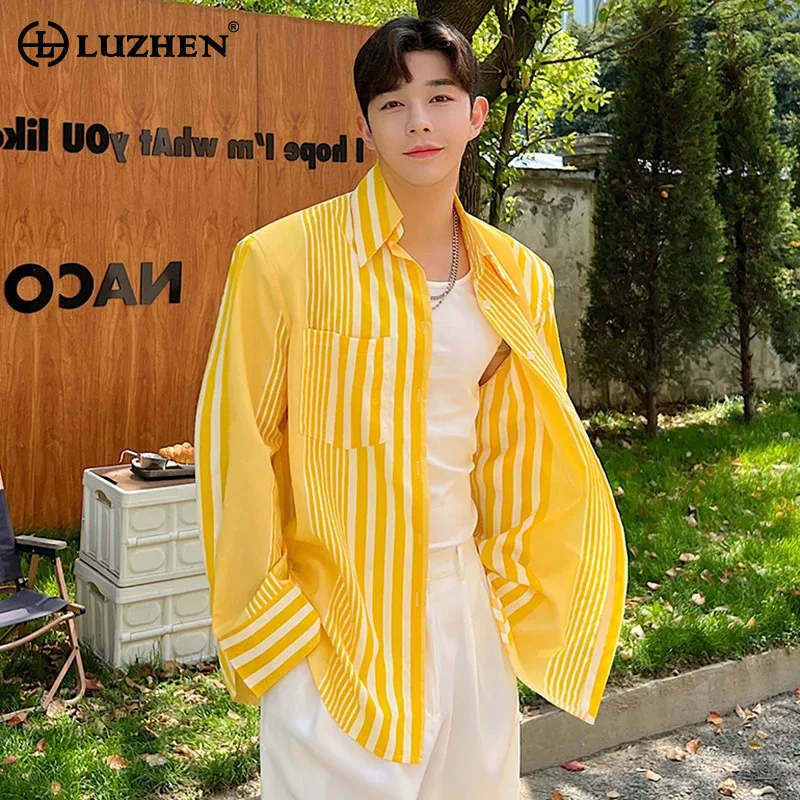 LUZHEN, camisas con hombreras a la moda para hombre, camisetas holgadas con estilo coreano a rayas, camisetas elegantes de manga larga, ropa informal juvenil LZ7065 2024